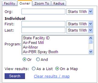 Org.: Type in the name of the organization that owns the facility; OR